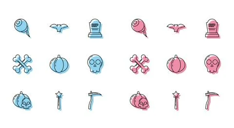 Set line Pumpkin and skull, Magic wand, Eye, Scythe, Skull, Crossed bones a.. Stock Illustration