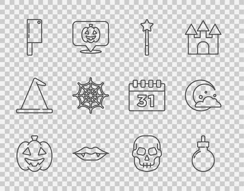 Set line Pumpkin, Bomb ready to explode, Magic wand, Vampire teeth, Meat chopper Illustrazione stock