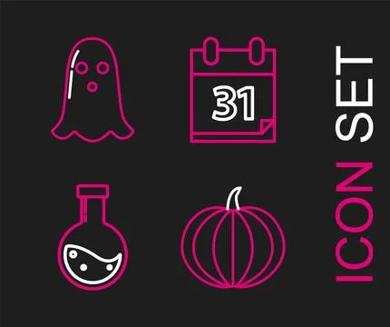 Set line Pumpkin, Bottle with potion, Calendar Halloween date 31 october an.. Stock Illustration
