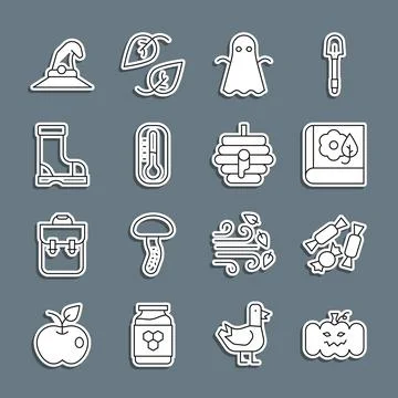 Set line Pumpkin, Candy, Herbarium, Ghost, Thermometer, Waterproof rubber b.. Ilustración de archivo