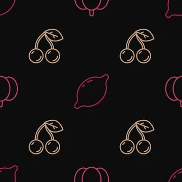 Set line Pumpkin, Cherry and Lemon on seamless pattern. Vector Stock Illustration