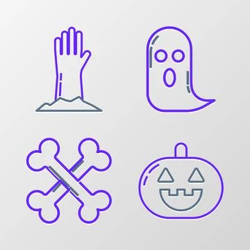 Set line Pumpkin, Crossed bones, Ghost and Zombie hand icon. Vector Stock Illustration