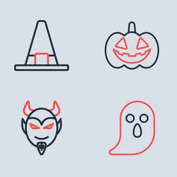 Set line Pumpkin, Devil head, Ghost and Witch hat icon. Vector Stock Illustration
