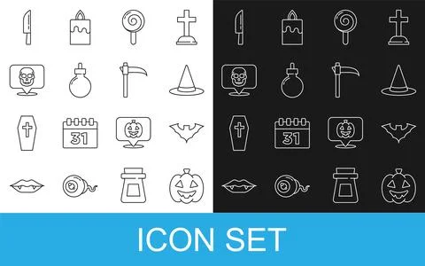 Set line Pumpkin, Flying bat, Witch hat, Lollipop, Bomb ready to explode, Skull 스톡 일러스트