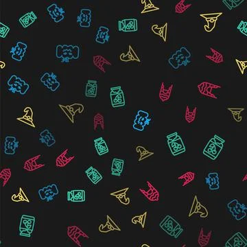 Set line Pumpkin, Jam jar, Witch hat and Winter on seamless pattern. Vector Stock Illustration