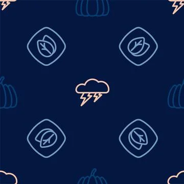 Set line Pumpkin, Leaf and Cloud and lightning on seamless pattern. Vector Stock Illustration
