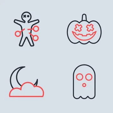 Set line Pumpkin, Moon and stars, Ghost and Voodoo doll icon. Vector Stock Illustration