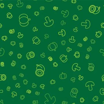 Set line Pumpkin, Plum fruit and Mushroom on seamless pattern. Vector Stock Illustration