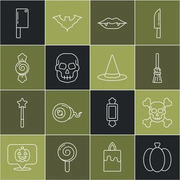 Set line Pumpkin, Skull on crossbones, Witches broom, Vampire teeth, Candy, Meat Stock-Illustration