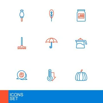 Set line Pumpkin, Thermometer, Leaf, Teapot, Garden rake, Umbrella, Jam jar.. Stockillustratie
