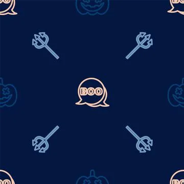 Set line Pumpkin, Trident devil and Boo speech bubble on seamless pattern Stock Illustration