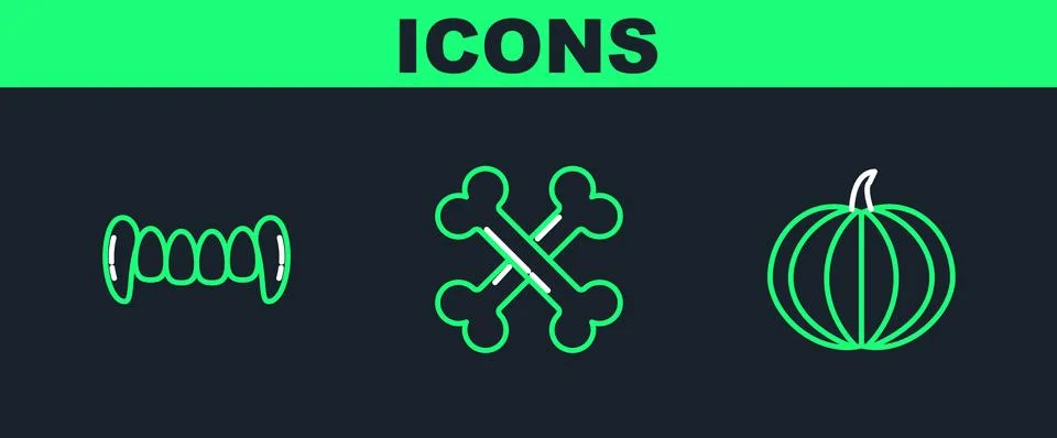 Set line Pumpkin, Vampire teeth and Crossed bones icon. Vector Stock Illustration
