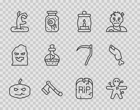 Set line Pumpkin, Voodoo doll, Camping lantern, Wooden axe, Zombie hand, Bottle Stock-Illustration