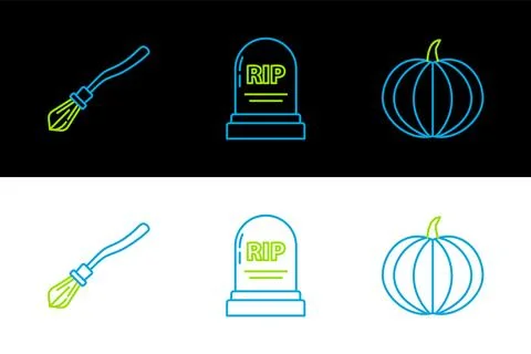 Set line Pumpkin, Witches broom and Tombstone with RIP icon. Vector Stock Illustration
