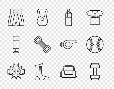 Set line Punch in boxing gloves, Dumbbell, Punching bag, Sport shoes, Boxin.. Stock Illustration