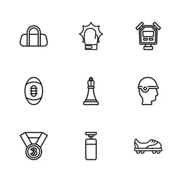 Set line Punching bag, Baseball helmet, Football shoes, Chess, Stopwatch, S.. Stock Illustration