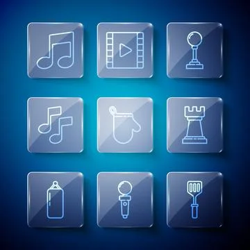 Set line Punching bag, Joystick for arcade machine, Spatula, Oven glove, Music Stock Illustration