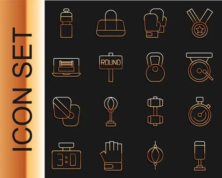 Set line Punching bag, Stopwatch, Boxing gong, glove, ring board, Fitness s.. Illustrazione stock