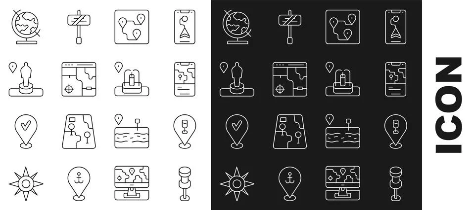 Set line Push pin, Alcohol or beer bar location, City map navigation, Route.. Stock Illustration