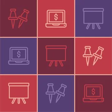Set line Push pin, Chalkboard and Laptop with dollar icon. Vector 스톡 일러스트