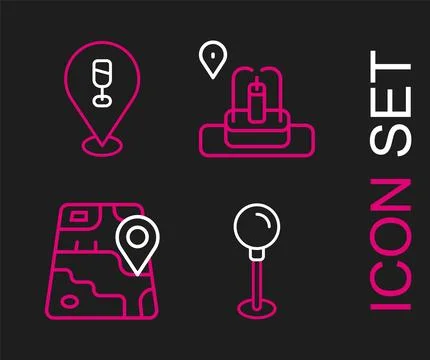 Set line Push pin, City map navigation, Location with fountain and Alcohol .. Stock Illustration