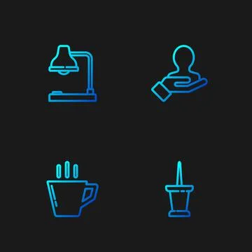 Set line Push pin, Coffee cup, Table lamp and Hand for search people. Gradient Ilustração Stock