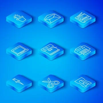 Set line Push pin, Coffee machine, Scissors, Printer, Laptop, Cactus and su.. Stock Illustration