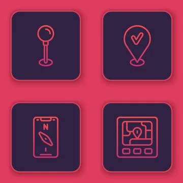 Set line Push pin, Compass on mobile, Location with check mark and Gps device Stock Illustration