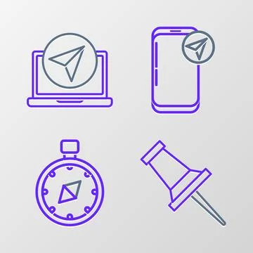 Set line Push pin, Compass, Infographic of city map navigation and icon. Vector 스톡 일러스트