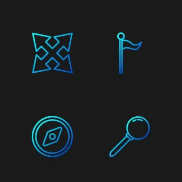 Set line Push pin, Compass, Road traffic sign and Location marker. Gradient.. Ilustração Stock