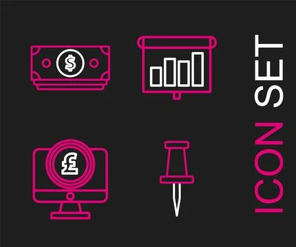 Set line Push pin, Computer monitor with pound sterling symbol, Presentation Stock-Illustration