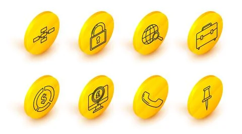 Set line Push pin, Computer monitor with pound sterling symbol, Coin money .. Stock-Illustration