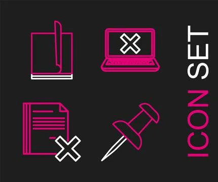 Set line Push pin, Delete file document, Laptop and cross mark on screen an.. Stock Illustration