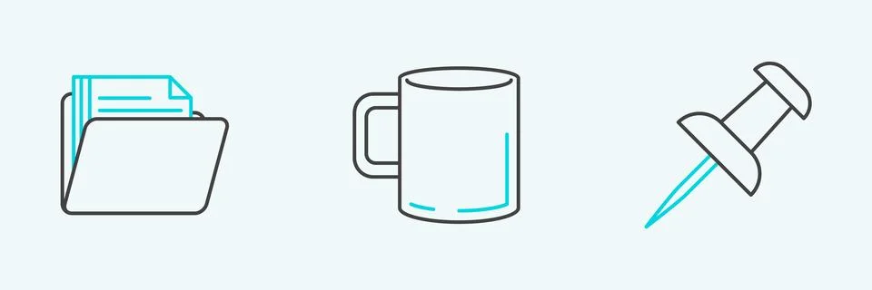 Set line Push pin, Document folder and Coffee cup flat icon. Vector 스톡 일러스트