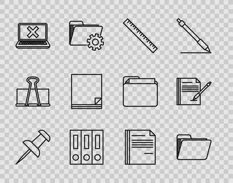 Set line Push pin, Document folder, Ruler, Office folders with papers and Stock Illustration