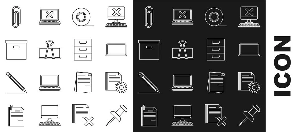 Set line Push pin, Document settings with gears, Laptop, Scotch, Binder cli.. Stock Illustration