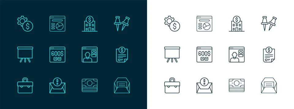 Set line Push pin, Envelope, Video chat conference, Stacks paper money cash.. 스톡 일러스트