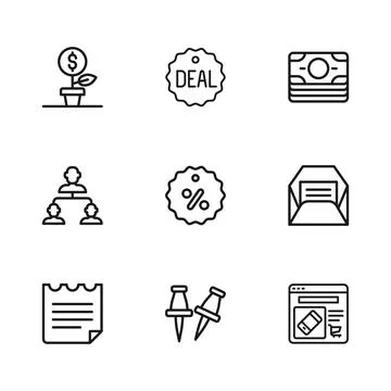 Set line Push pin, Envelope, Online shopping on screen, Discount percent ta.. イラスト素材