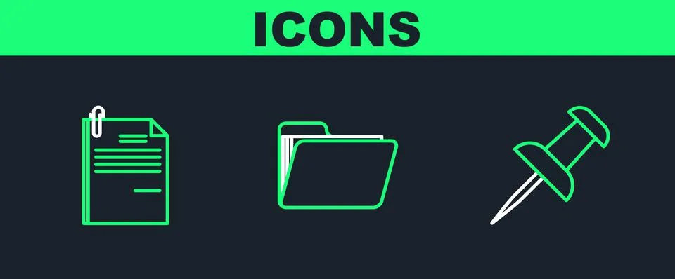 Set line Push pin, File document and paper clip and Document folder icon. Vec Stock Illustration
