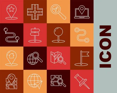 Set line Push pin, Flag, Route location, Search, Road traffic sign, Map pointer Stock Illustration