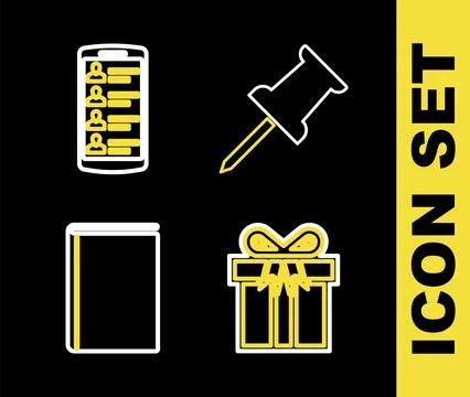 Set line Push pin, Gift box, Book and Smartphone with contacts icon. Vector Stock Illustration