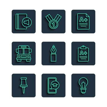 Set line Push pin, Graduation cap on mobile, Light bulb with idea, Exam sheet A Stock Illustration