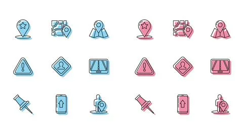 Set line Push pin, Infographic of city map navigation, Map pointer with star 스톡 일러스트