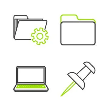 Set line Push pin, Laptop, Document folder and Folder settings with gears icon Stock Illustration