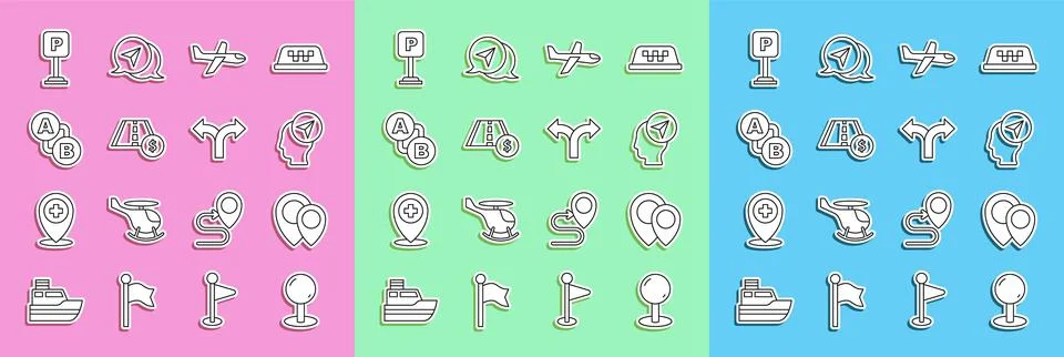 Set line Push pin, Location, with person, Plane, Toll road traffic sign, Ro.. Stock Illustration