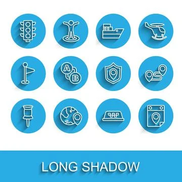 Set line Push pin, Location on the globe, Traffic light, Taxi car roof, Tra.. Stock Illustration