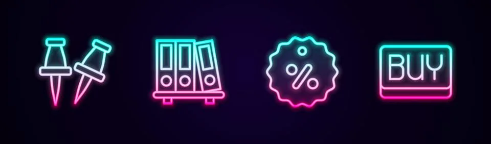 Set line Push pin, Office folders, Discount percent tag and Buy button. Glowing Stock Illustration