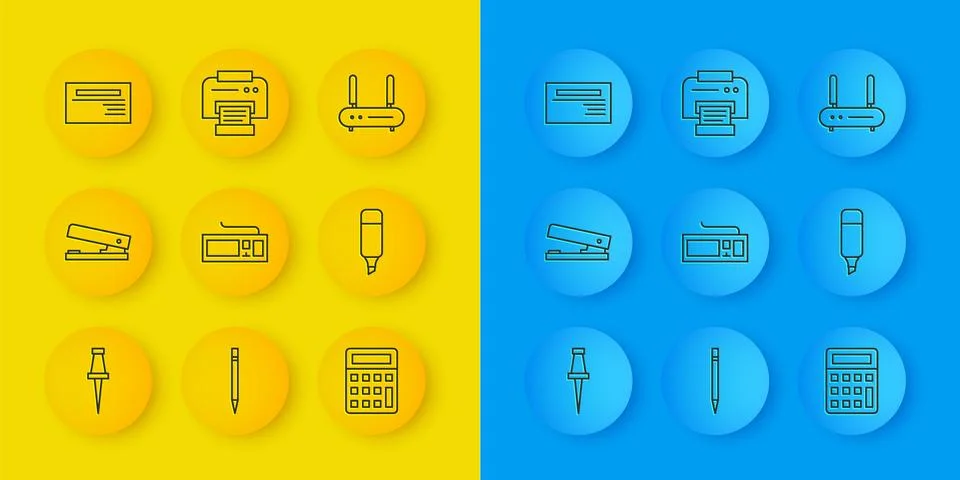 Set line Push pin, Office stapler, Keyboard, Calculator, Marker pen, Busine.. イラスト素材