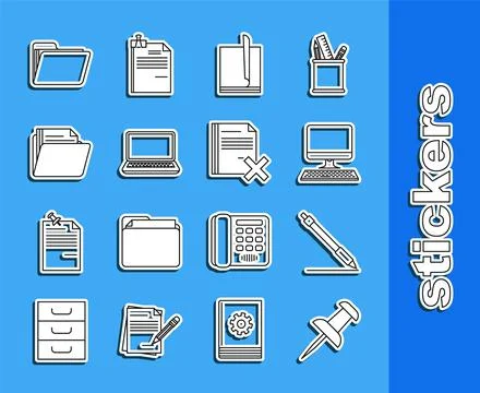 Set line Push pin, Pen line, Computer monitor with keyboard, File document, L Stock Illustration