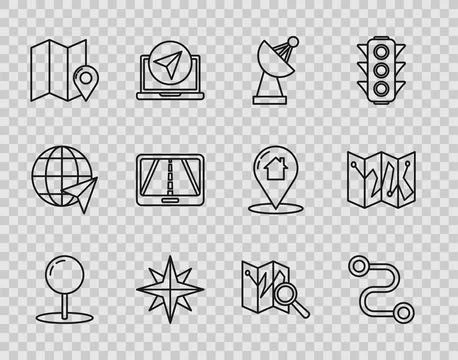 Set line Push pin, Route location, Radar, Wind rose, Folded map with marker.. Stock Illustration